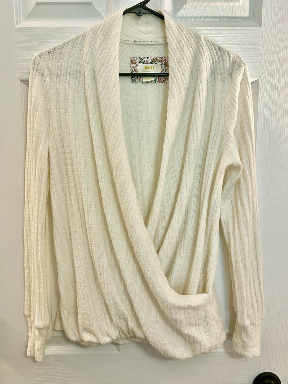 Maeve Anthropologie Ivory Ribbed Surplice Shawl Collar Sweater Size Small